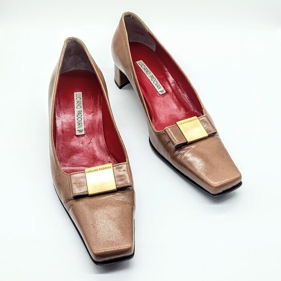 Luciano Padovan Camel Brown Leather Square Toe Pumps - Picture 1 of 11